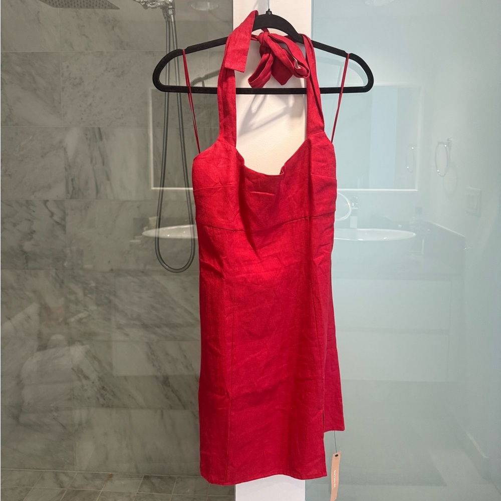 Reformation Isha Linen Red Halter Dress